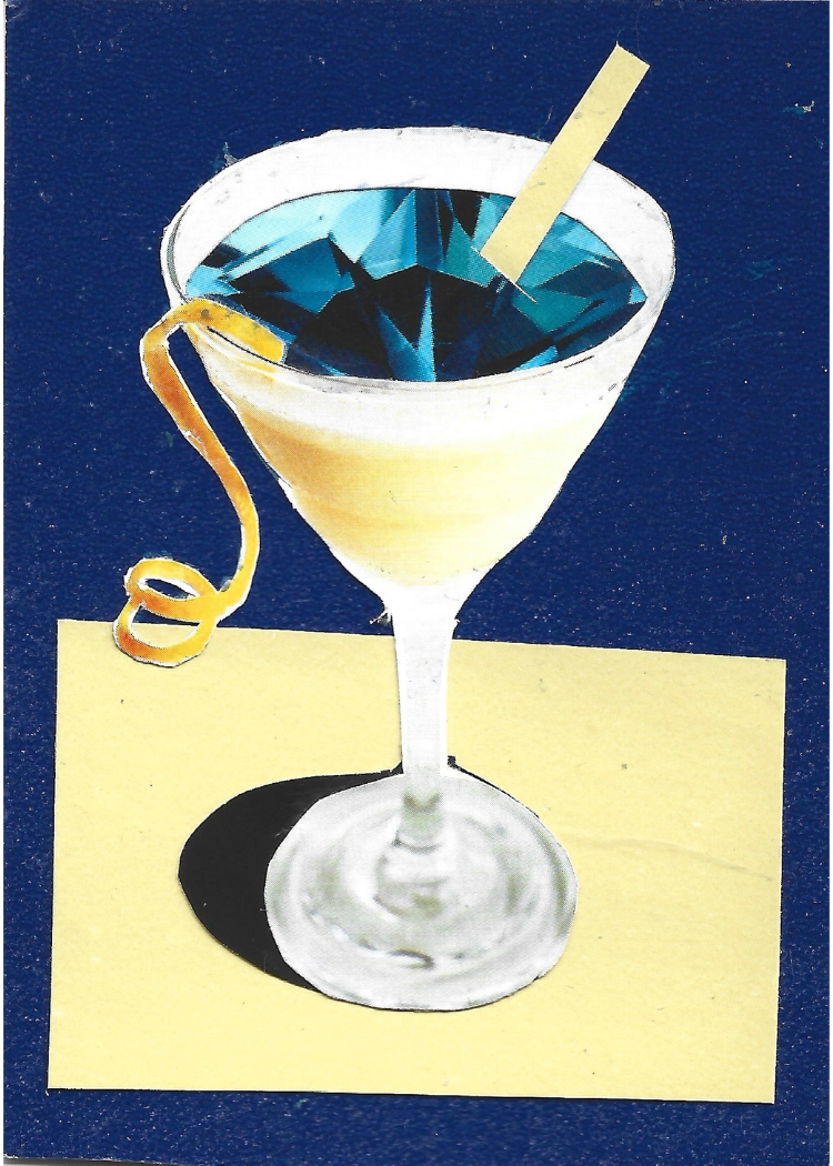 Collage of a yellow cocktail with a blue gem in it on a yellow and blue background