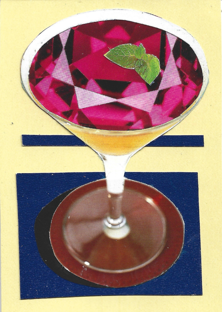 Collage of a cocktail glass with a red gem in it on a yellow and blue background