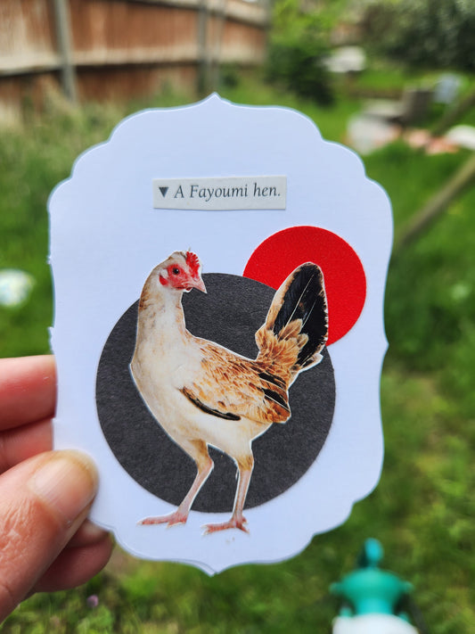 A hand holds a white scalloped card featuring a chicken collage over a red circle and black circle, with the text 'A Fayoumi hen' on a blurred green outdoor background.