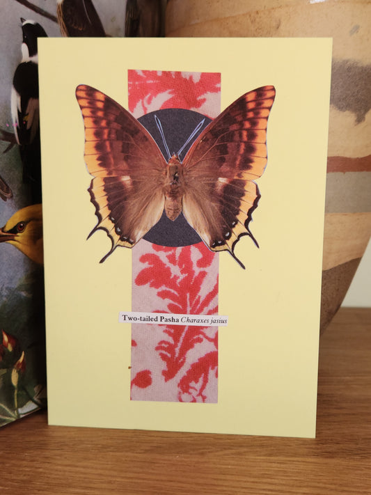 A pale yellow greeting card featuring a collage of a butterfly over red and white abstract collage panels, photographed standing on a wooden surface.