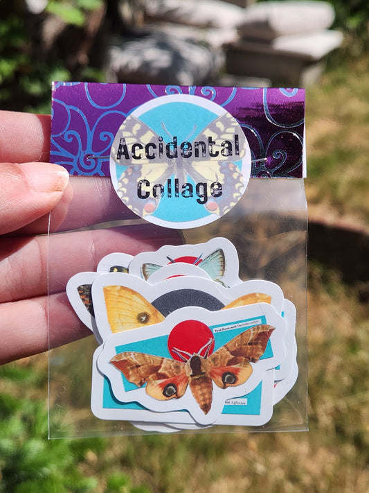 A hand holding a clear plastic sleeve containing a stack of die-cut stickers and a round sticker that reads 'Accidental Collage.' The stickers feature collage-style artwork, including butterflies & moths.