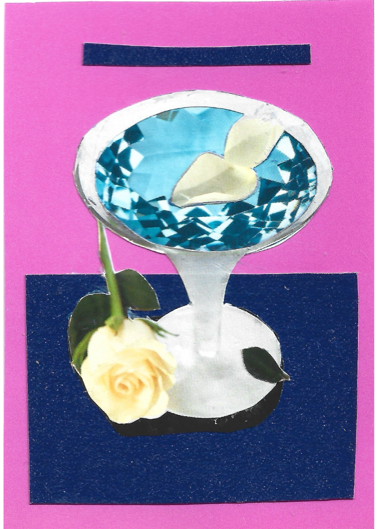 Collage of a cocktail with a blue gem in it with white rose and petals on a blue and pink background.