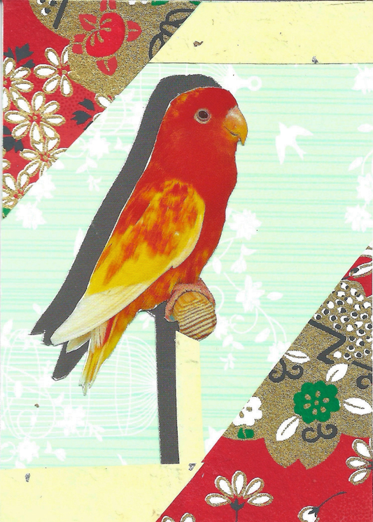 A collage featuring a red and yellow bird perched on a pole, set against a pale green patterned background with floral and geometric paper sections around the edges.