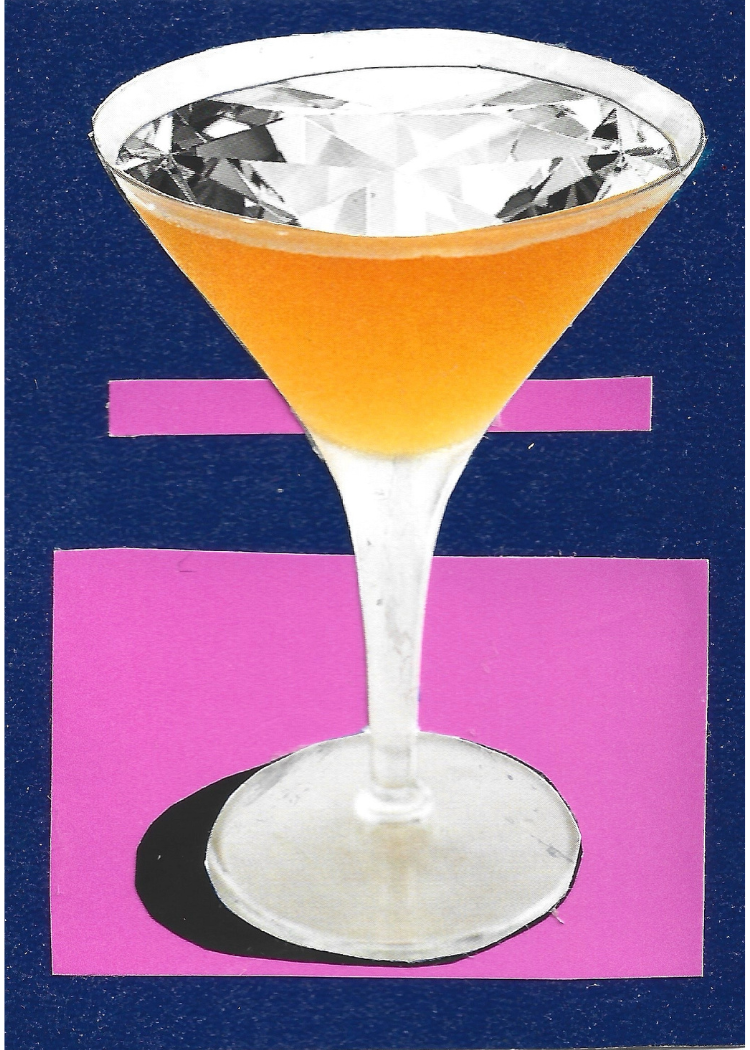 Collage of an orange cocktail with a clear gem in it on a pink and blue background