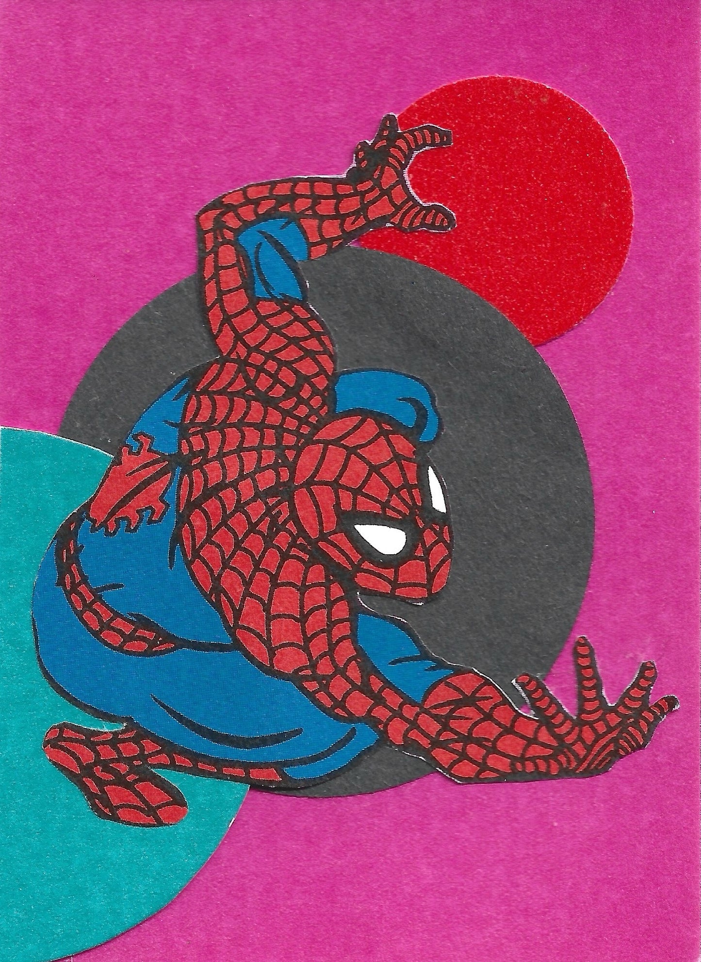 Image of Spider-man from a comic with pink background and a black, teal, and red circle.