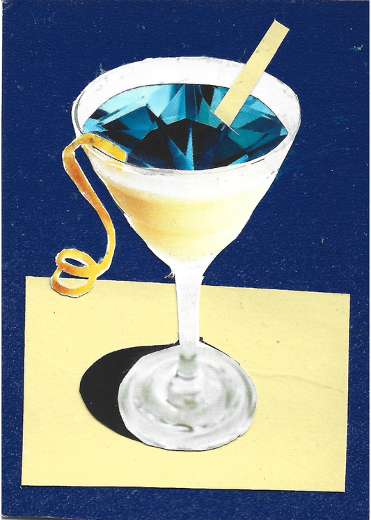Collage of a yellow cocktail with a blue gem in it on a yellow and blue background