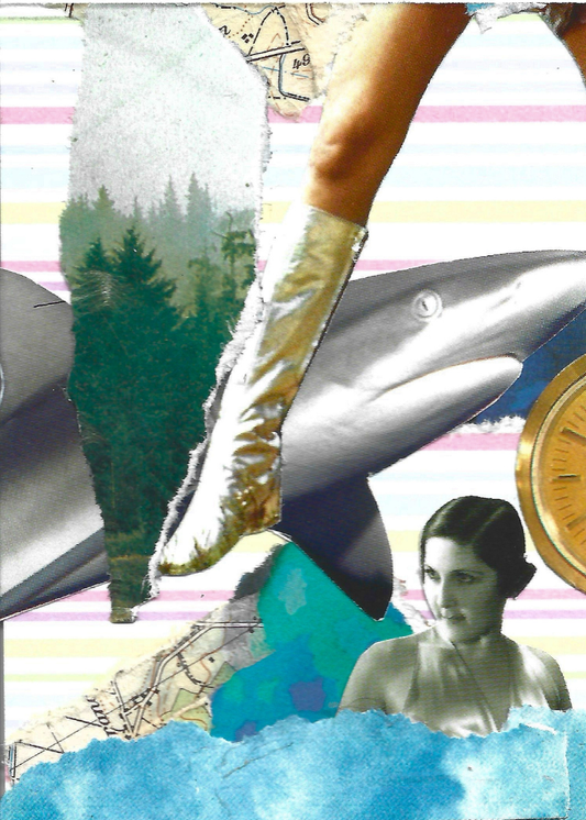 A surreal collage showing a person's leg in a metallic gold boot, a gray shark, a woman's portrait, a forest scene, maps, and blue watercolor shapes on a striped pastel background.