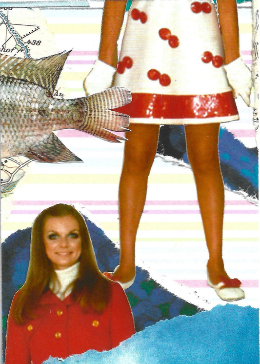 A collage showing a woman from the waist down wearing a white dress with red cherry motifs and a red hem, alongside a fish illustration and a smaller inset portrait of a woman in a red coat.