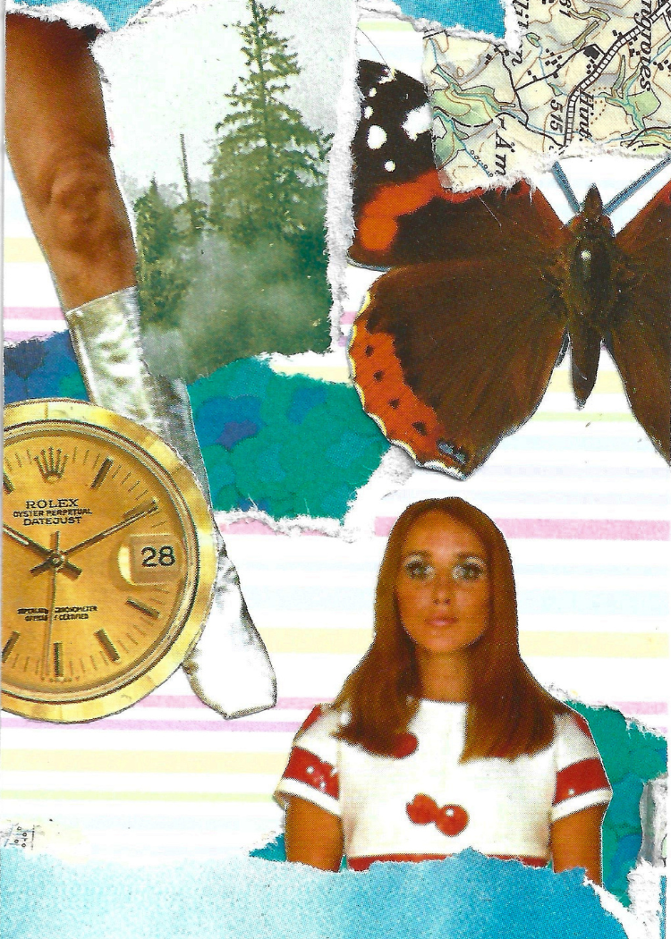 A surreal collage featuring a woman's leg in a silver boot, the head of a woman in a white dress with a red motif, a watch face and a butterfly layerd over scraps of forest, map and sky