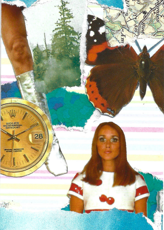 A surreal collage featuring a woman's leg in a silver boot, the head of a woman in a white dress with a red motif, a watch face and a butterfly layerd over scraps of forest, map and sky