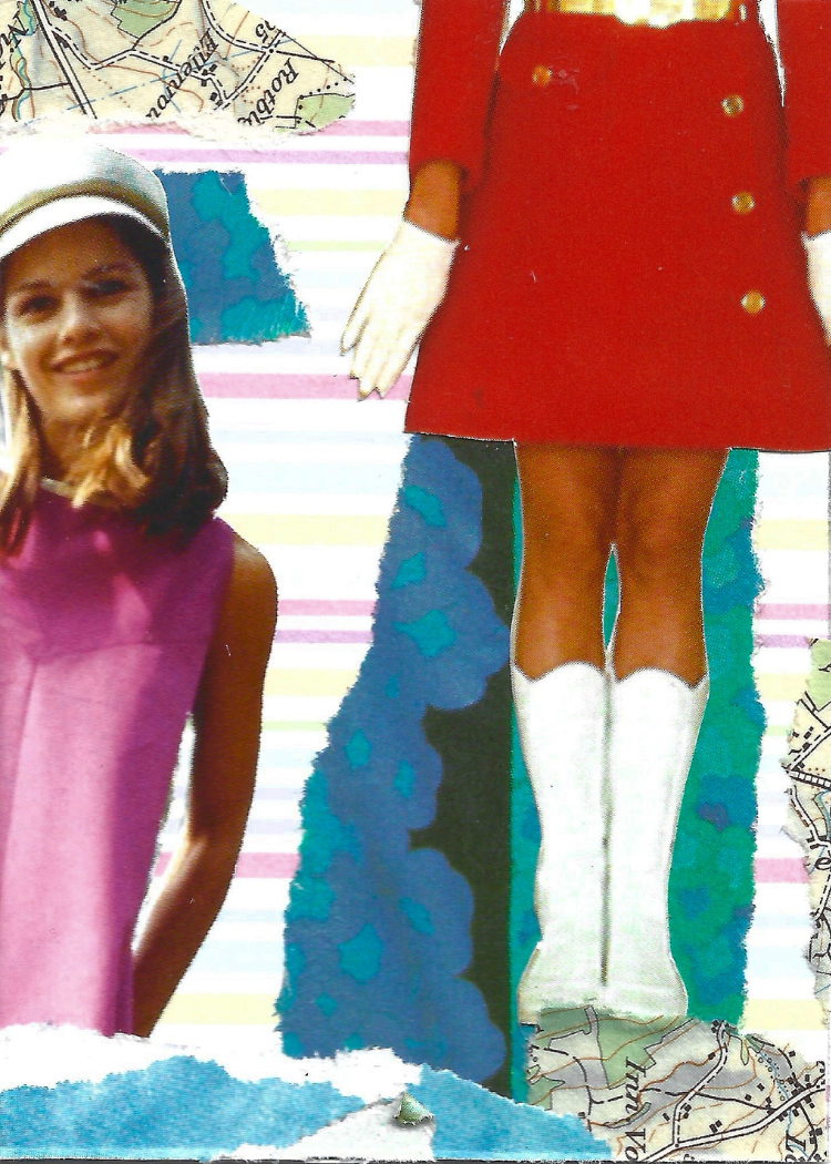 A vintage-style collage featuring a smiling woman in a pink dress and white visor on the left, and a cropped figure in a red skirt, white gloves, and tall white boots on the right, layered over striped and map-like patterns.
