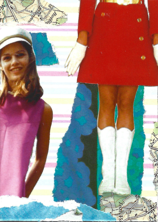 A vintage-style collage featuring a smiling woman in a pink dress and white visor on the left, and a cropped figure in a red skirt, white gloves, and tall white boots on the right, layered over striped and map-like patterns.