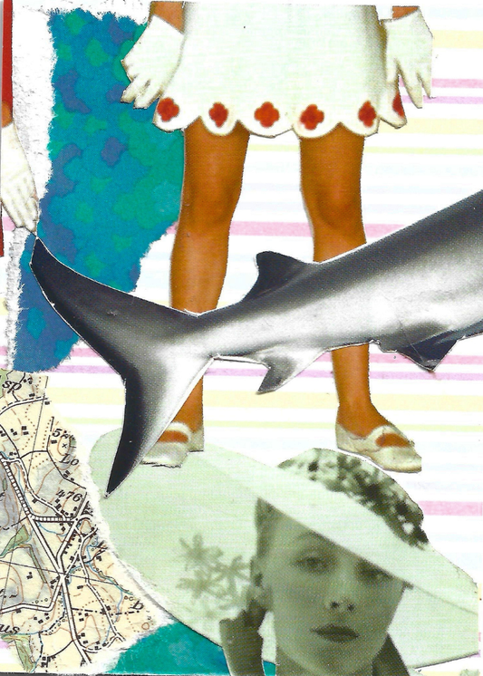 A collage featuring a woman in a white dress and gloves, a large shark tail across the center, a vintage map section, and a faded portrait of a woman in a wide hat.