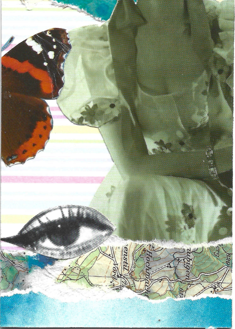 A collage of a woman in a frilly dress from the neck down, with half a butterfly on the left and an eye in the bottom left corner, over scraps of sky and map