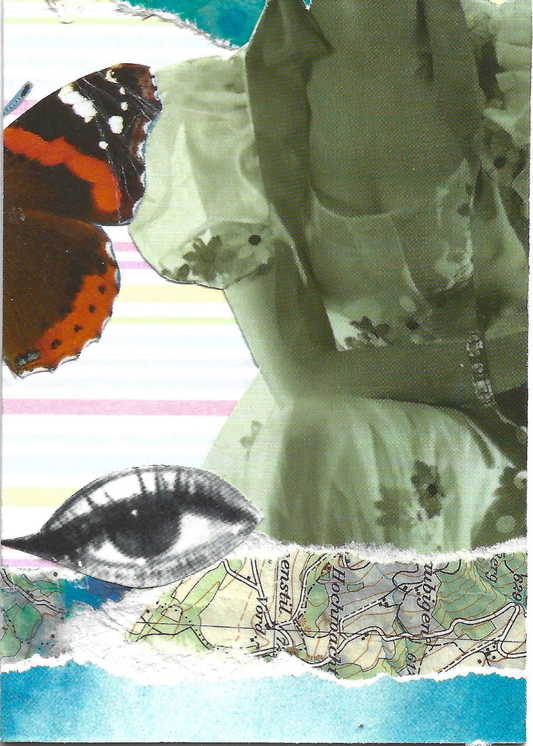 A collage of a woman in a frilly dress from the neck down, with half a butterfly on the left and an eye in the bottom left corner, over scraps of sky and map