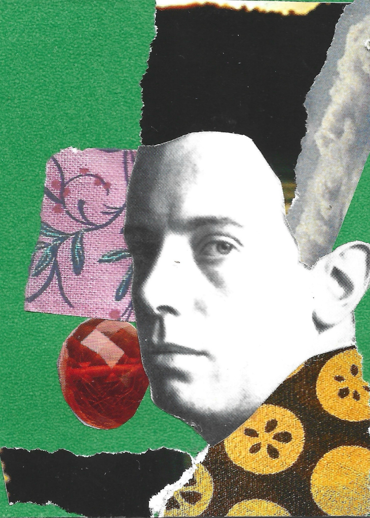 A collage featuring a black-and-white portrait of a man's face layered over torn paper shapes, including a bright green background, a pink floral textile swatch, a red gem-like circle, and a dark brown patterned area with yellow circular motifs.