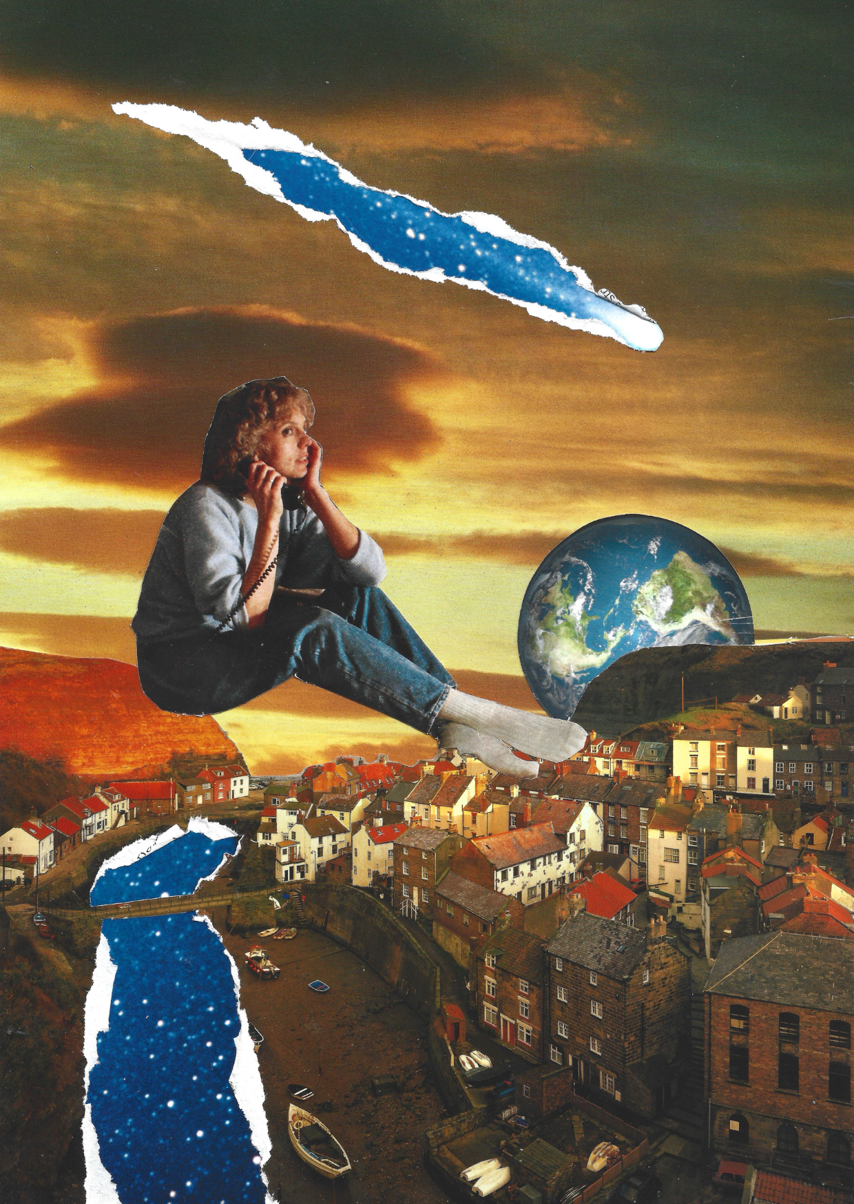 A surreal collage print showing a seated person floating above a coastal town, with a large Earth visible in the sky, dramatic sunset clouds, and torn blue-and-white paper effects integrated into the scene.