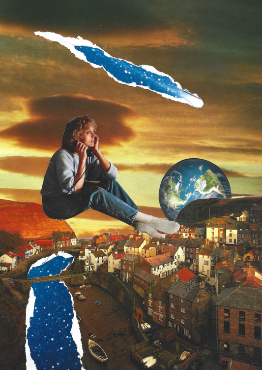 A surreal collage print showing a seated person floating above a coastal town, with a large Earth visible in the sky, dramatic sunset clouds, and torn blue-and-white paper effects integrated into the scene.