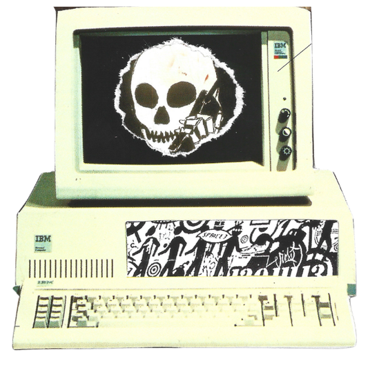Vintage IBM PC with a cream-colored chassis, a black monitor screen showing a skull graphic, and a keyboard with a black-and-white graffiti-style patterned front panel.