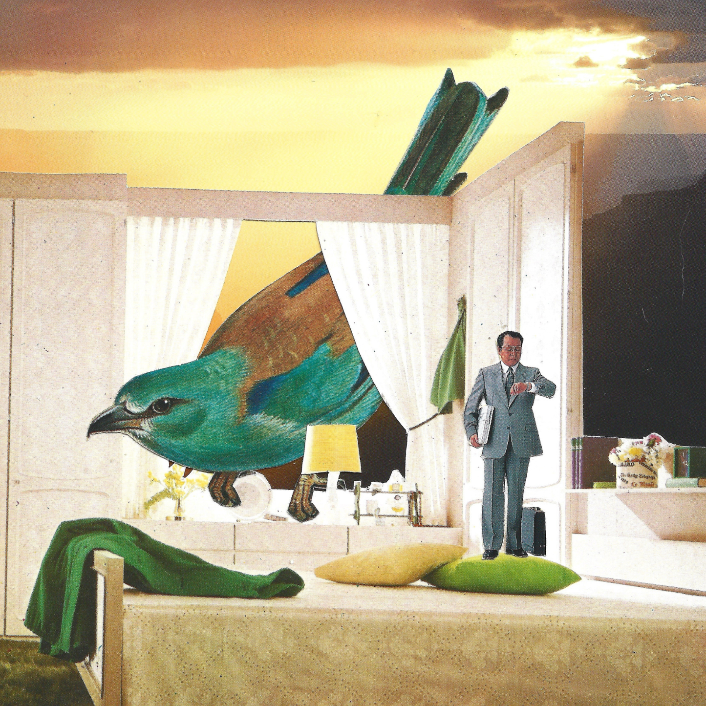 A surreal collage showing a man in a gray suit standing in a brightly lit room while a large turquoise and brown bird stands behind white curtains. The scene has a warm golden sky, pillows on a bed, and other staged interior elements.