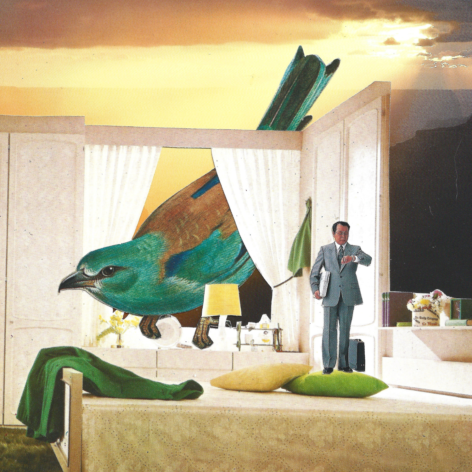 A surreal collage showing a man in a gray suit standing in a brightly lit room while a large turquoise and brown bird stands behind white curtains. The scene has a warm golden sky, pillows on a bed, and other staged interior elements.