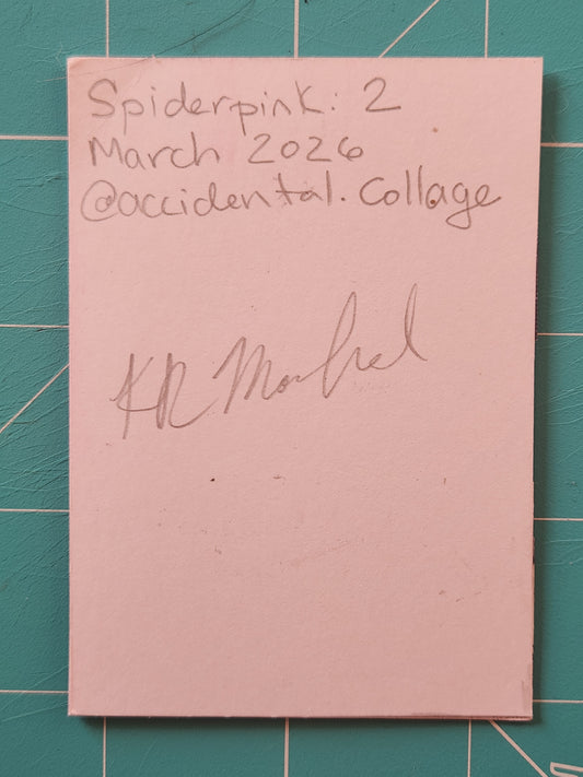 Back of the card reads: Spiderpink 2, March 2026, @accidental.collage, with a signature
