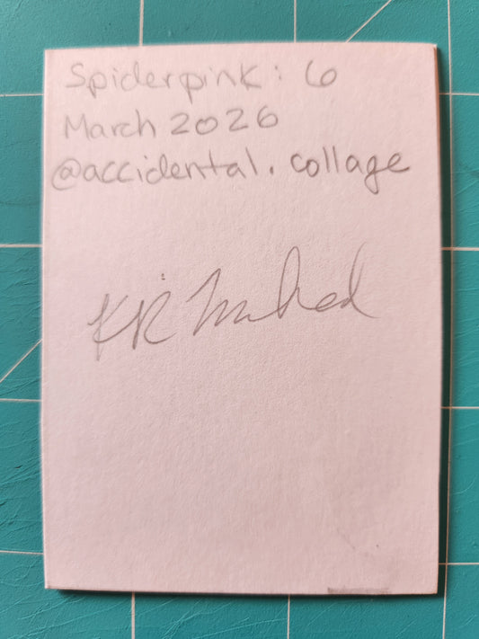 Back of the card reads: Spiderpink 6, March 2026, @accidental.collage, with a signature