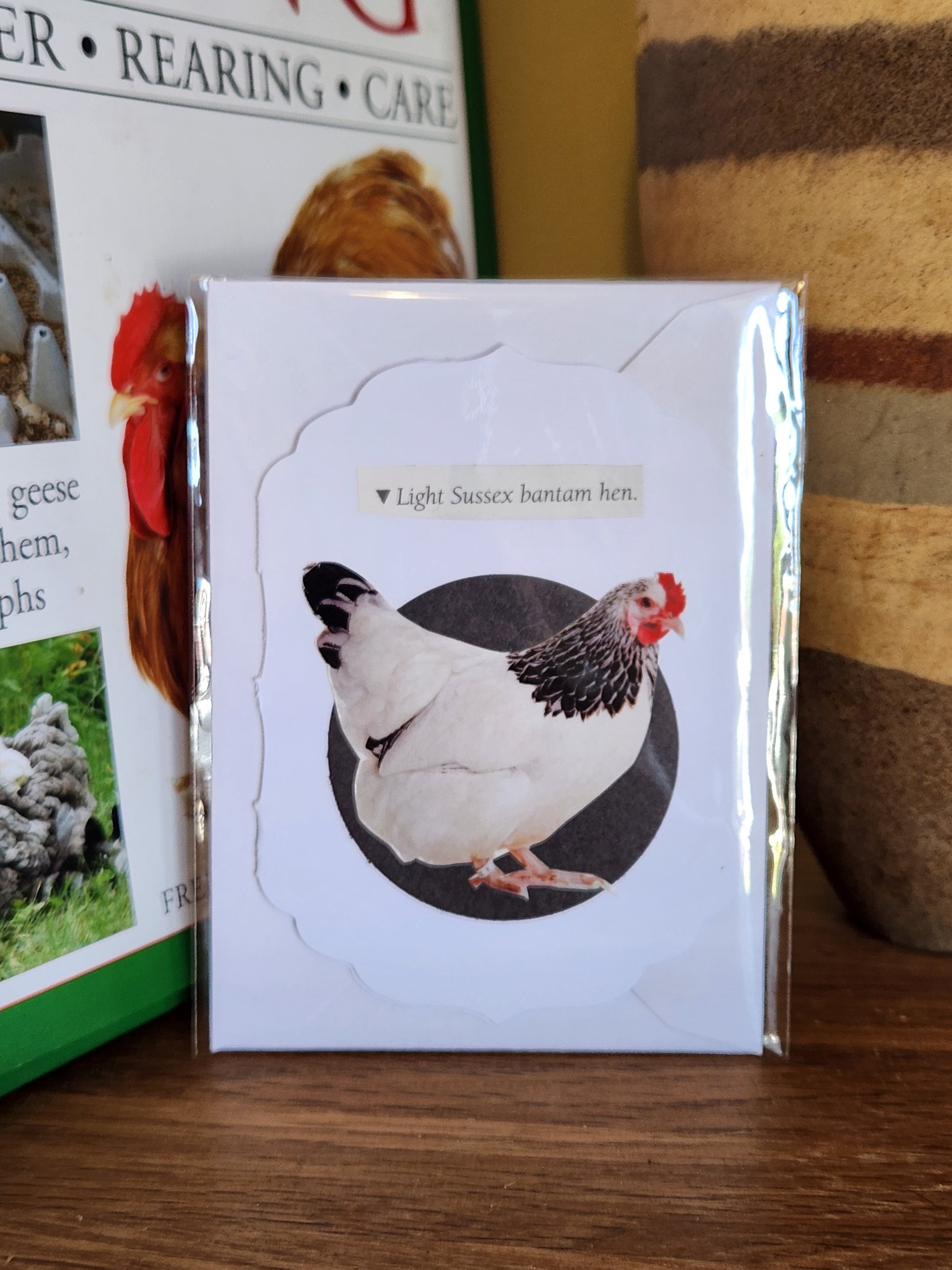 A small white greeting card featuring a collage of a white and black chicken on a black circle, in clear plastic packaging with matching envelope. The card is placed on a wooden shelf in front of a striped ceramic vase.