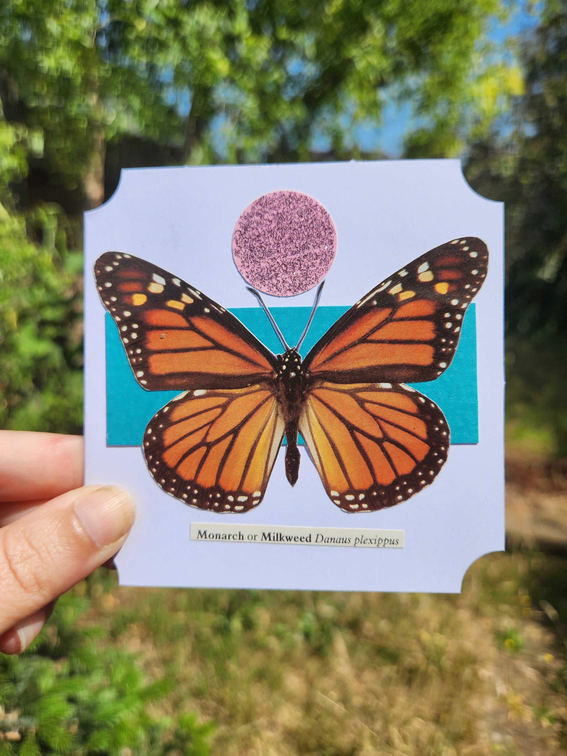 A hand holding a small sqaure white card featuring a collage of Monarch butterfly over a teal strip with a pink, sparkly circle, against a blurred background of greenery
