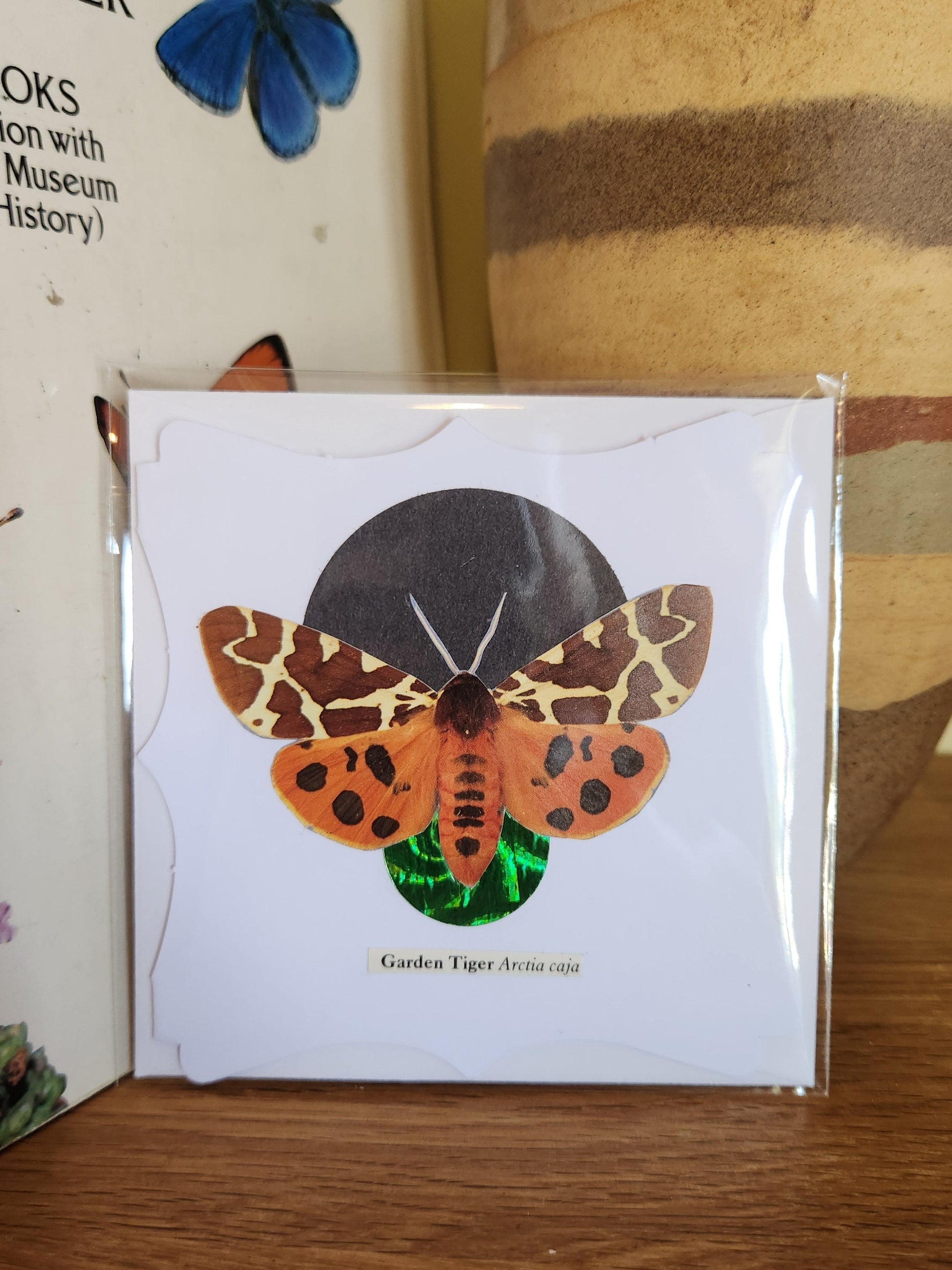 A decorative white greeting card featuring a Garden Tiger moth over a black and metallic green circle motif, sealed in clear plastic packaging with matching envelope. The card is placed on a wooden shelf in front of a striped ceramic vase.