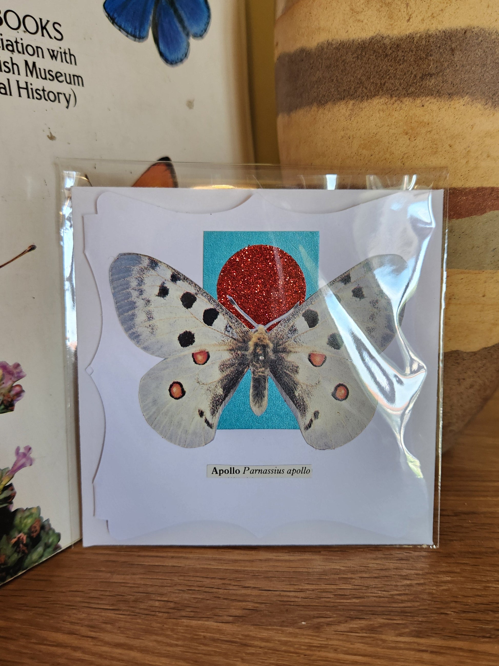 A small square card featuring a collage of an Apollo moth against a turquoise and red background, packaged in a clear plastic sleeve and resting on a wooden table.
