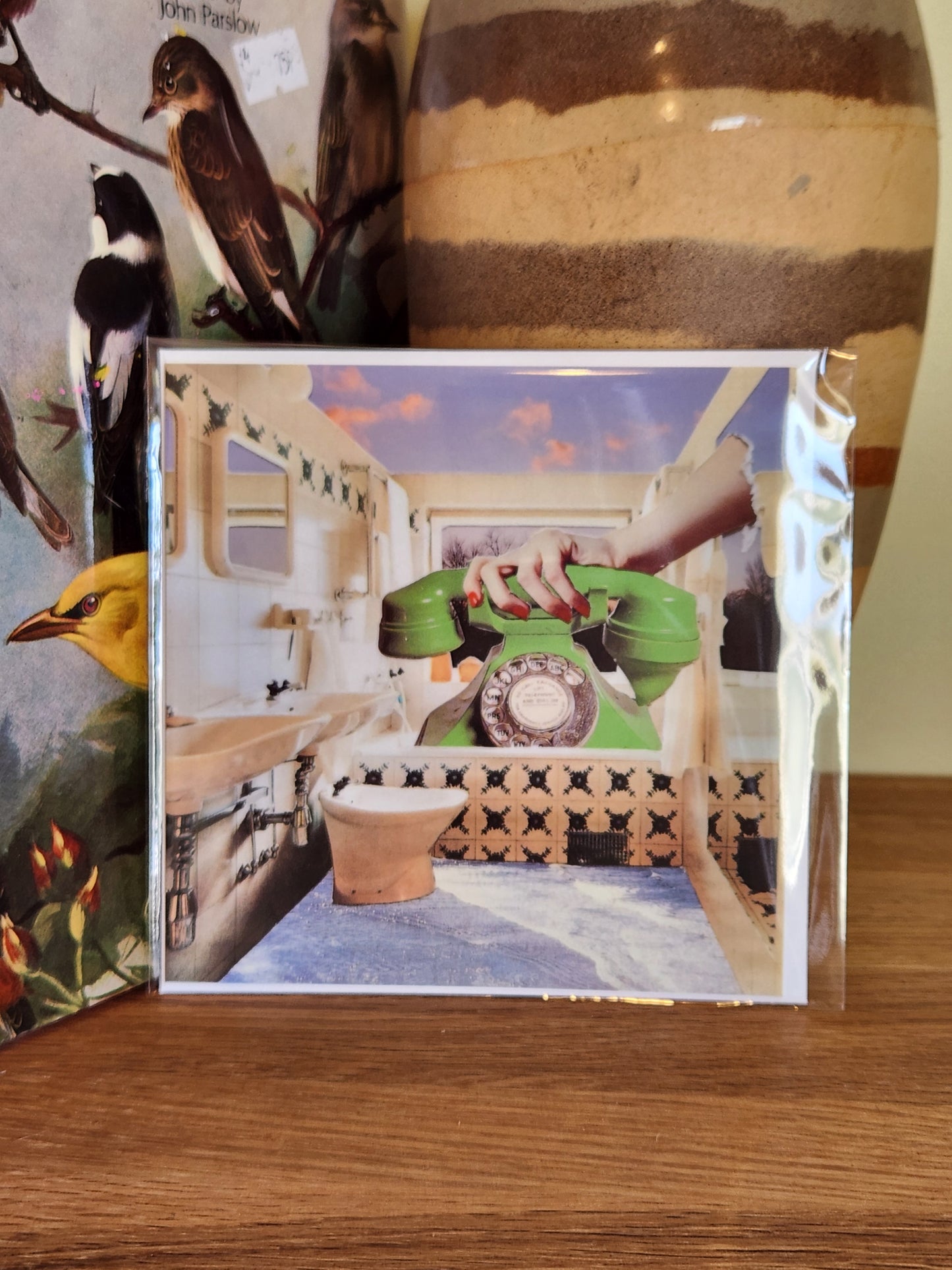 A square postcard featuring a surreal collage of a green telephone, a bathroom interior, and large hand with red nail polish, sealed in clear plastic packaging with matching envelope. The card is placed on a wooden shelf in front of a striped ceramic vase