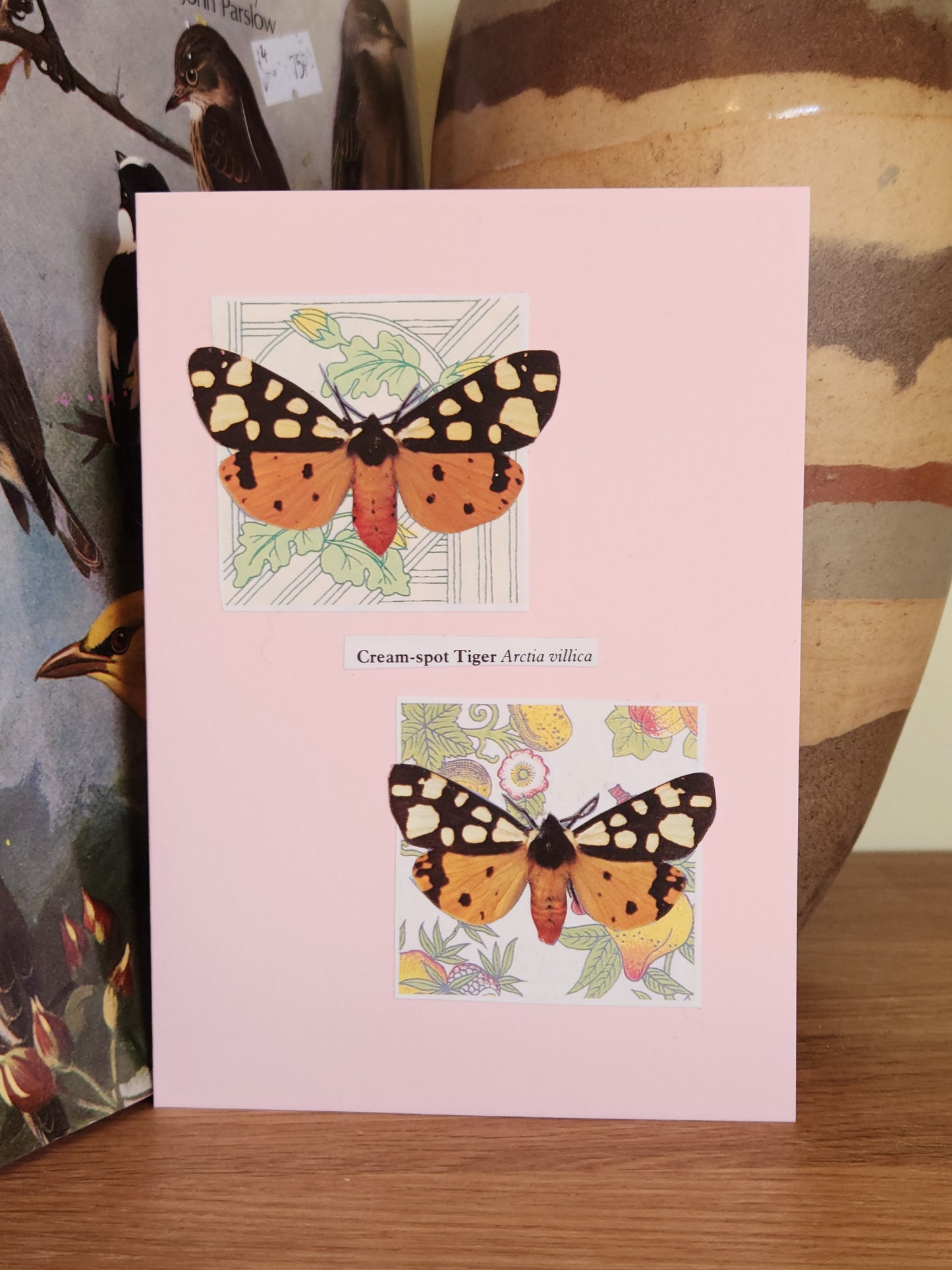 A pale pink greeting card featuring a collage of two cream-spot tiger moths, displayed on a wooden surface next to a ceramic vase.
