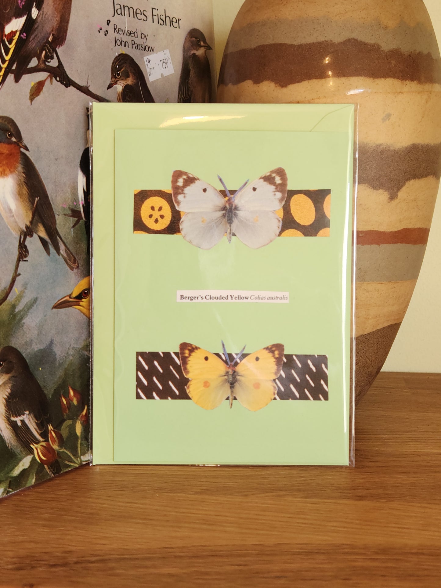 A pale green greeting card featuring two butterflies on decorative patterned bands, packaged in a plastic sleeve with a matching card and displayed on a wooden surface with  a striped vase in the background.
