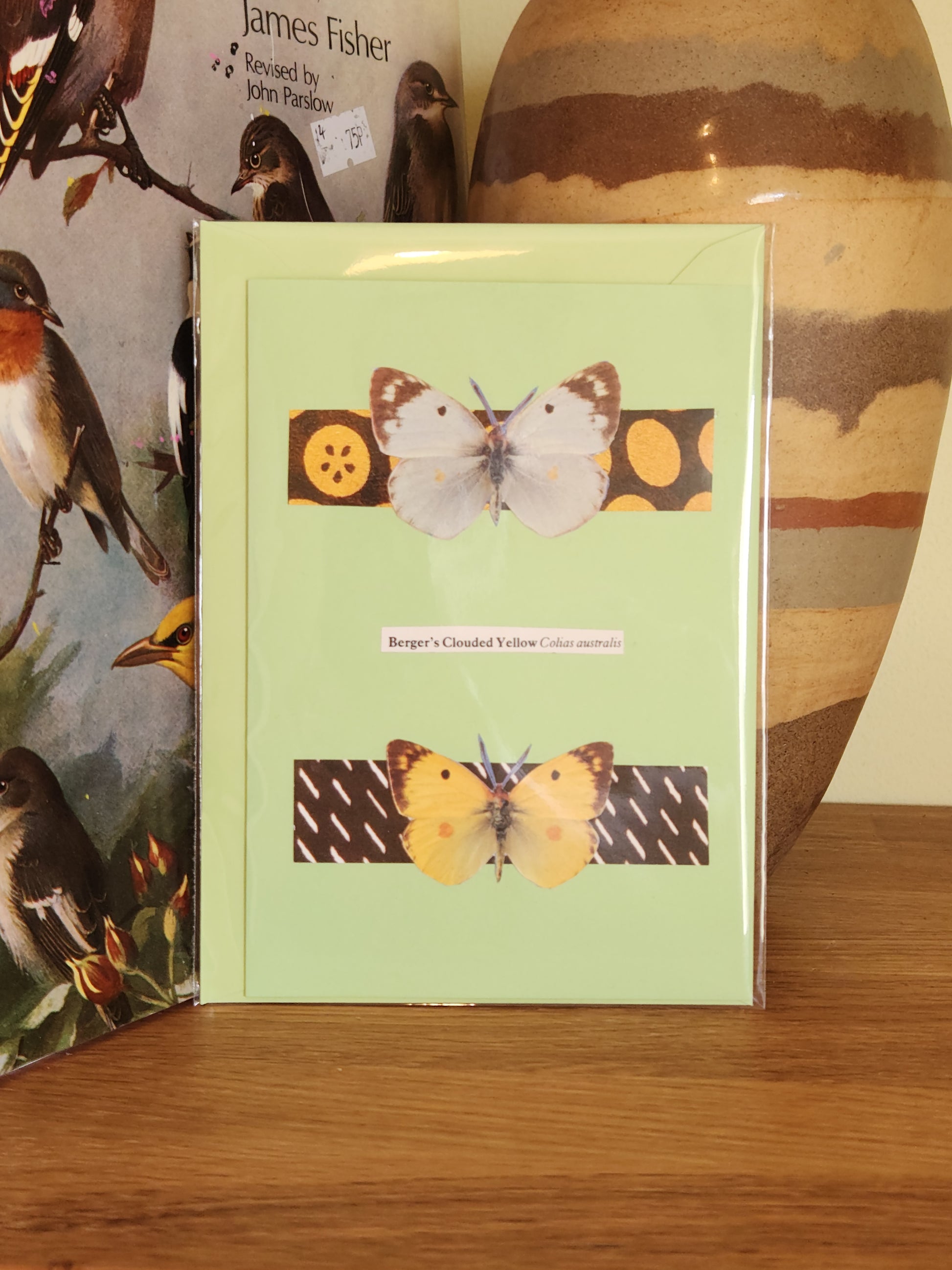 A pale green greeting card featuring two butterflies on decorative patterned bands, packaged in a plastic sleeve with a matching card and displayed on a wooden surface with  a striped vase in the background.