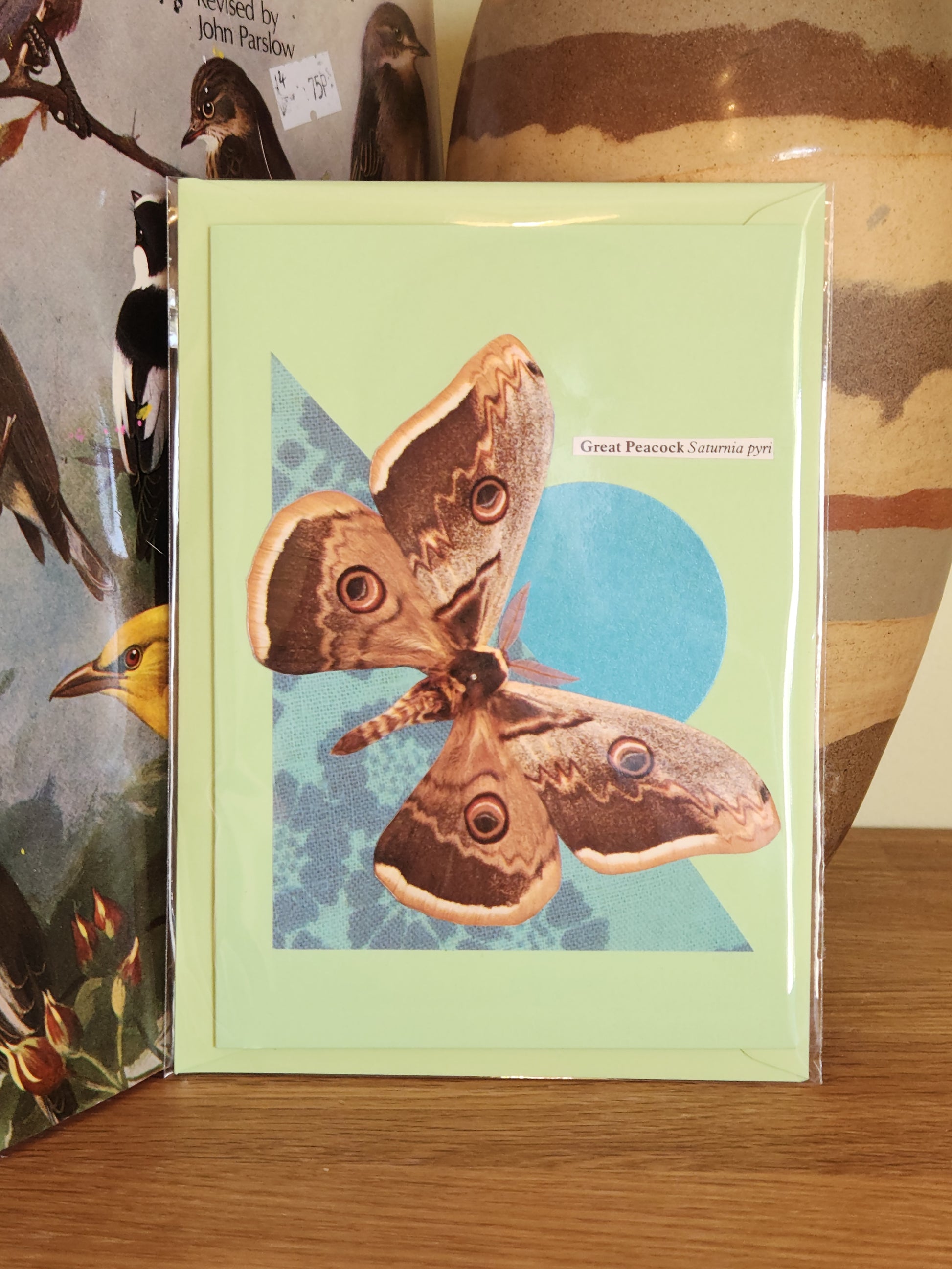 Pale green greeting card with a collage of a Great Peacock moth on a teal circle and teal patterned triangle, package with a matching green envelope in a plastic sleeve, on a wooden surface, in front of a striped ceramic vase