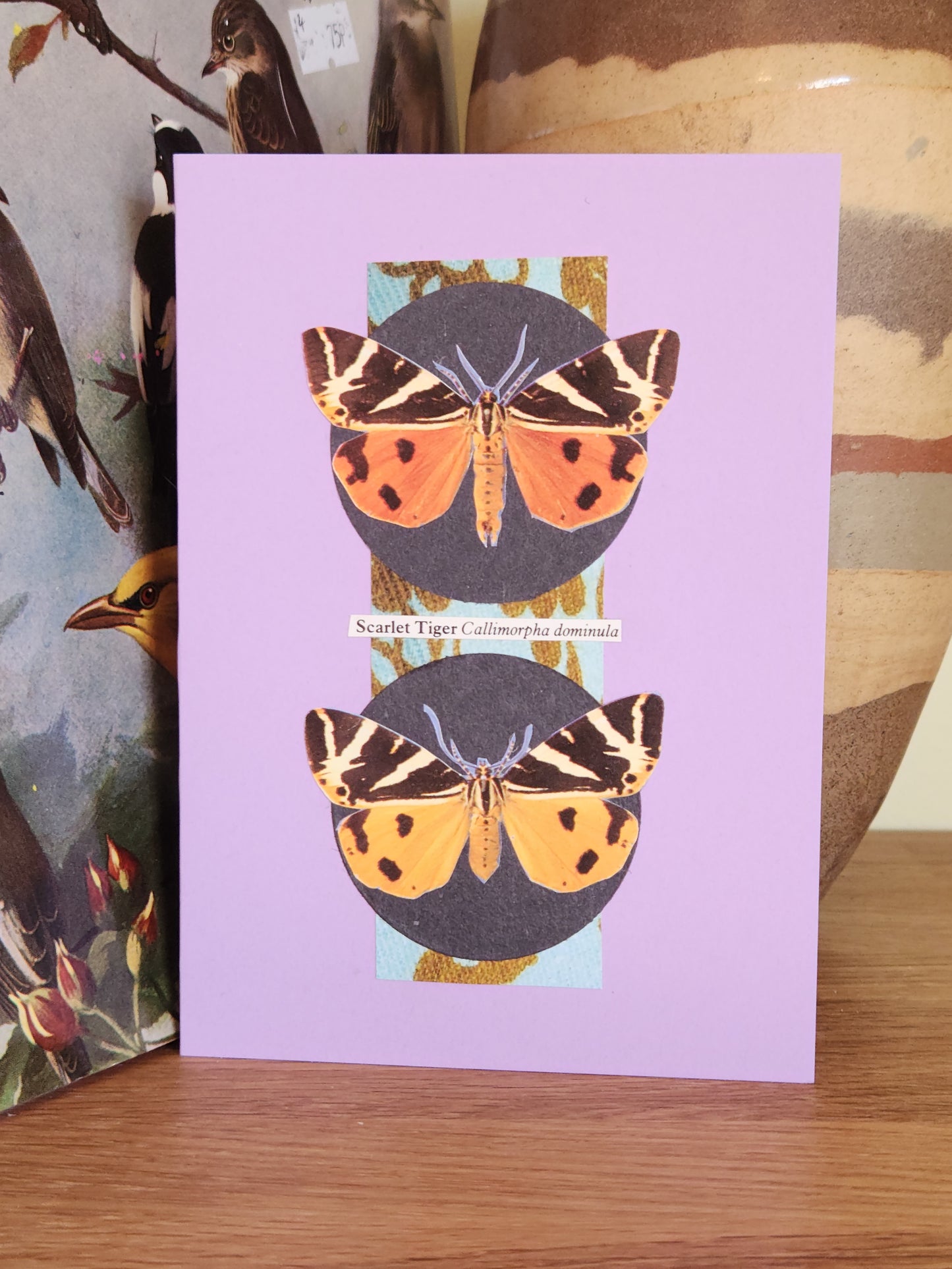 A lavender greeting card featuring a collage of two scarlet tiger moths, displayed on a wooden surface in front of a striped ceramic vase