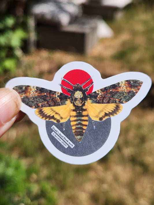 A die-cut sticker featuring a Death's Head Hawk moth with yellow, black, and brown wings over a red and dark gray circular background, held by a hand against a blurred outdoor background.