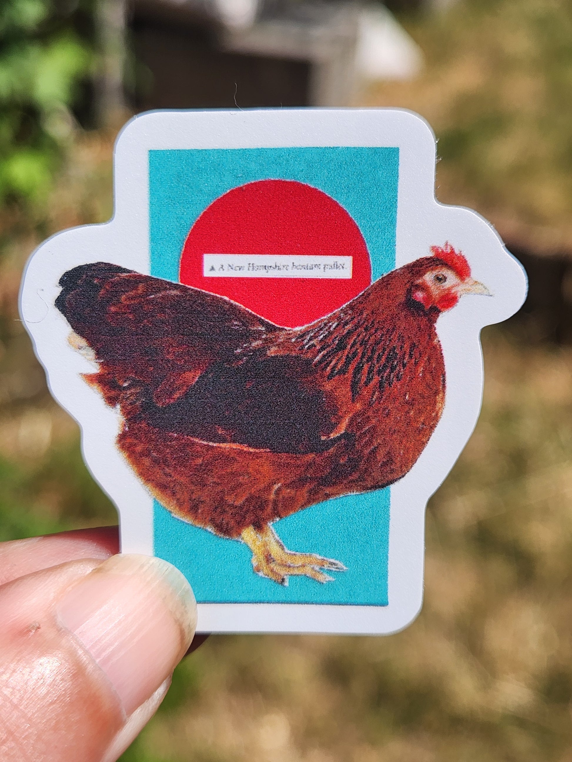 A die-cut sticker featuring a brown chicken over a turquoise and red circular graphic, held by a person's fingers against a blurred outdoor background.