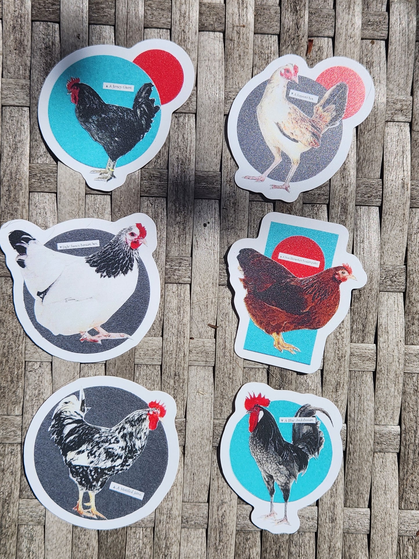 Six die-cut stickers featuring different chicken collages arranged on a rustic woven background.