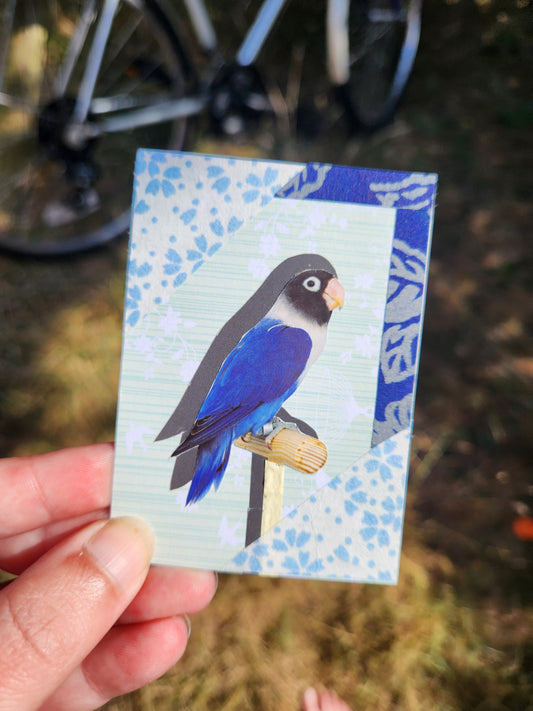 A hand holding a small collage card featuring a blue bird perched on a branch, with a blue and white patterned border. The background is an outdoor scene with blurred grass and a bicycle.