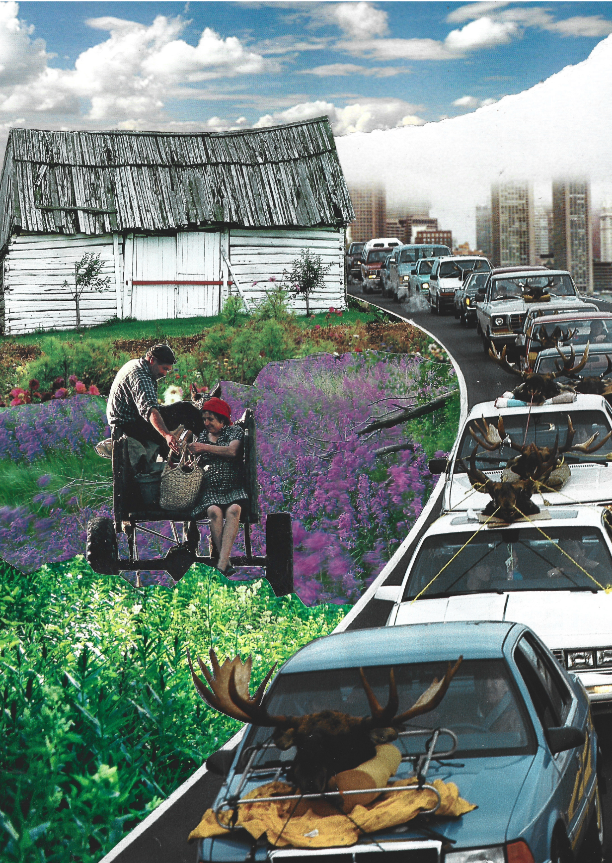 Collage print of a traffic jam running alongside a flowery meadow with a couple in a wagon.