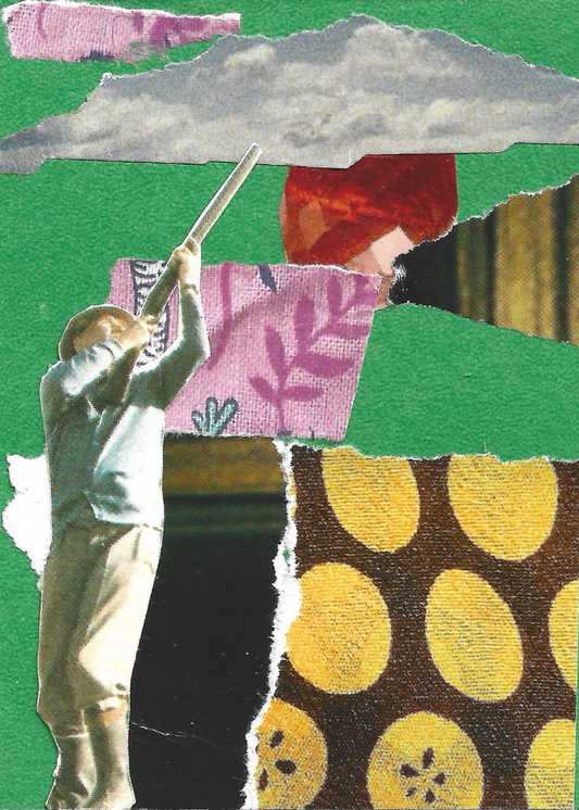 A collage showing a person in a light blue shirt and beige pants holding a shotgun upward, set against a torn-paper background with green, pink floral, yellow polka dot, red, and gray elements.