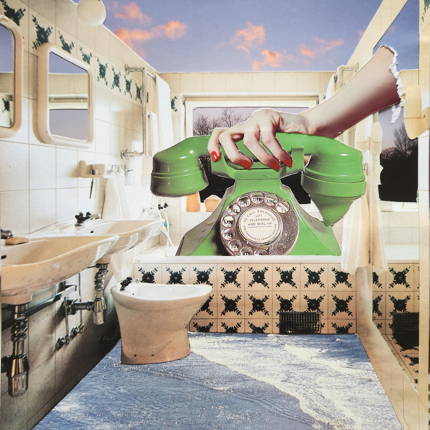 A surreal collage showing a bright green rotary telephone floating in a tiled bathroom with a toilet, sink, mirrors, and water rushing across the floor. A human arm with red nail polish rests on the telephone, and the background includes a sunset sky through the window.