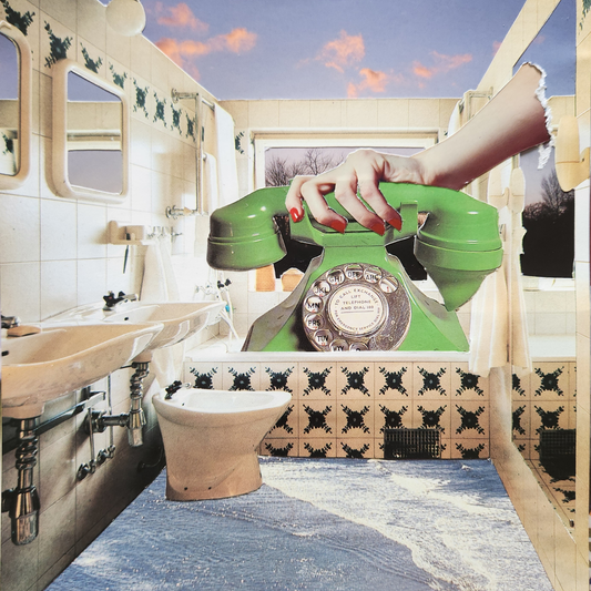 A surreal collage showing a bright green rotary telephone floating in a tiled bathroom with a toilet, sink, mirrors, and water rushing across the floor. A human arm with red nail polish rests on the telephone, and the background includes a sunset sky through the window.