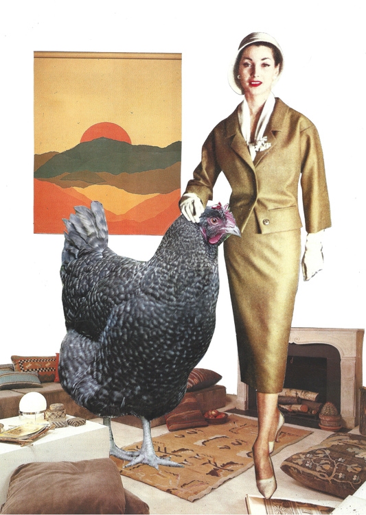Collage print of a woman in a gold skirt suit stands indoors next to a very large black speckled chicken, with a framed mountain-and-sunset painting on the wall behind them.