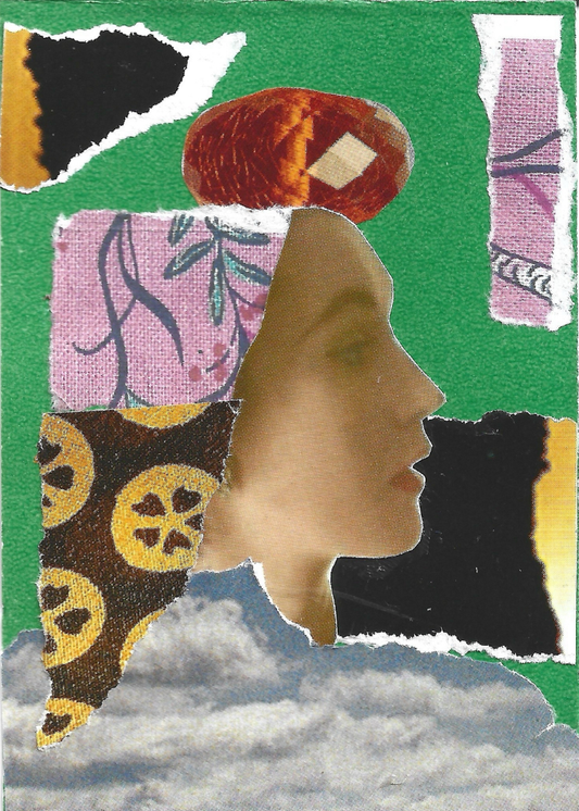 A collage featuring a side profile of a woman's face layered over torn paper pieces in green, pink, black, yellow, brown, and white, with an orange gem above the head and clouds at the bottom.