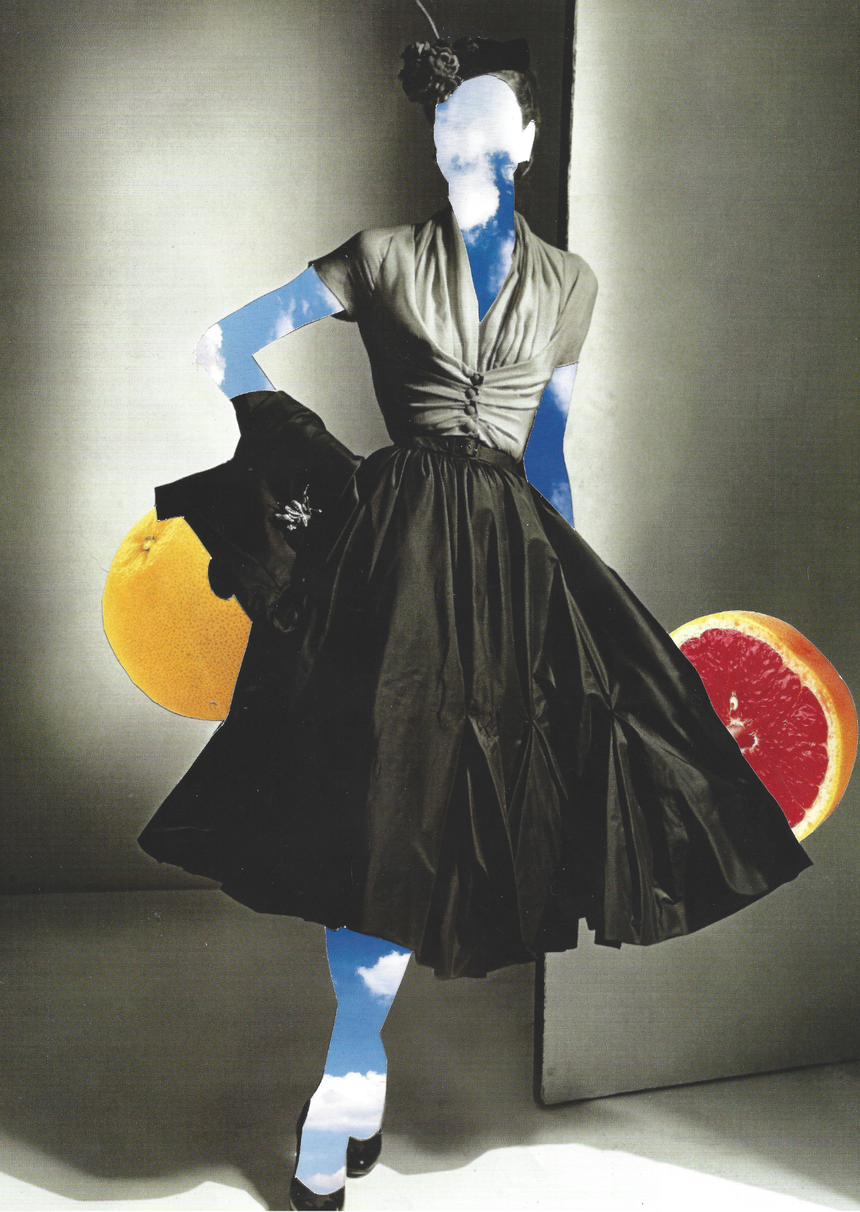 A collage print of a woman made of sky wearing a black pleated dress, with a gray background and fruit slices behind her.