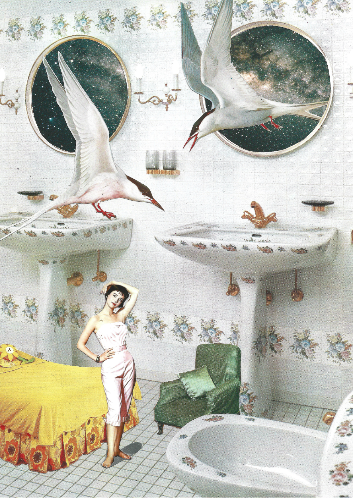 A collage print of a white bathroom containing flying terns, bedroom furniture and Natalie Wood