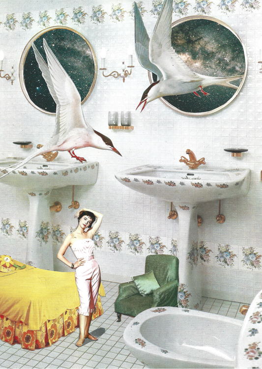 A collage print of a white bathroom containing flying terns, bedroom furniture and Natalie Wood
